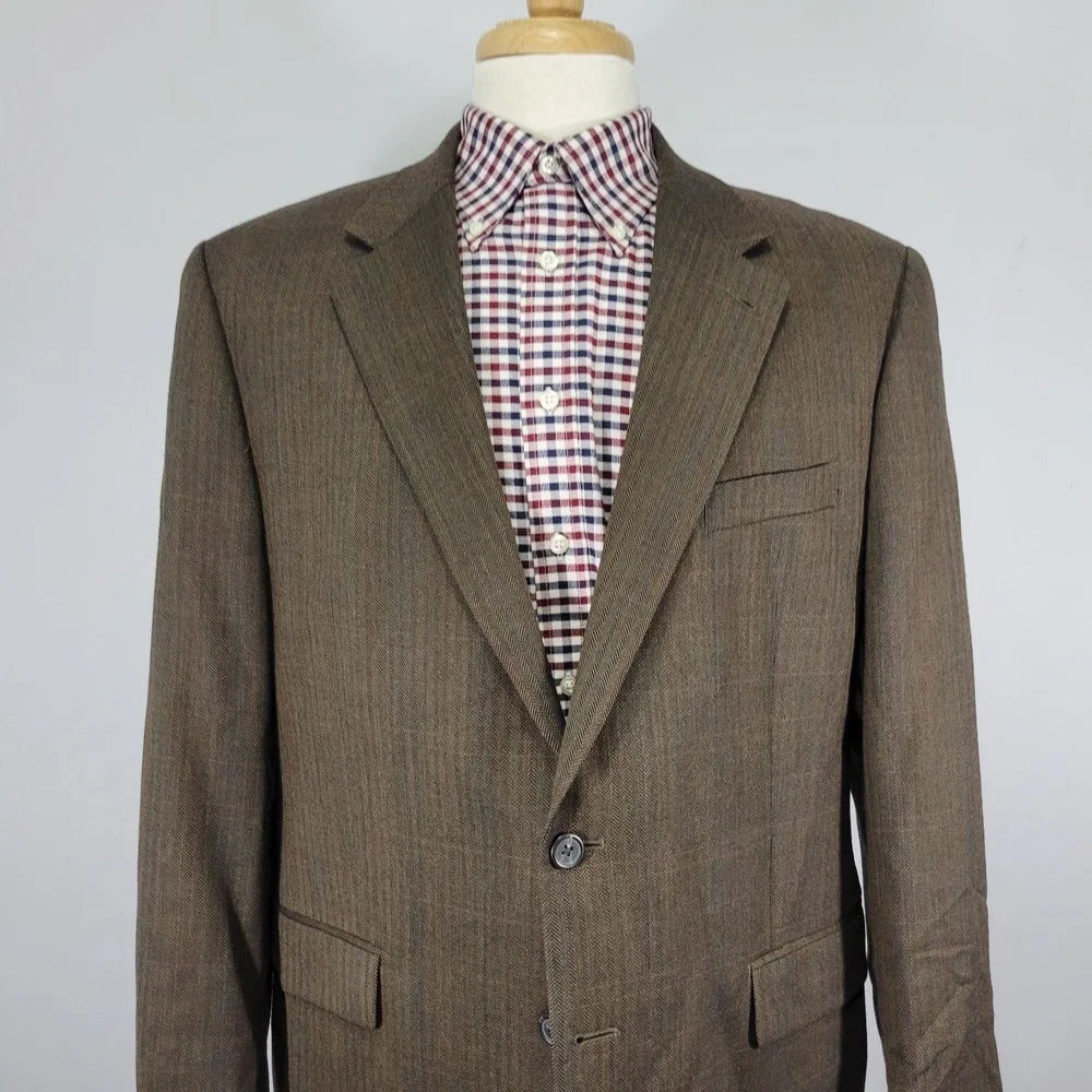 Izod Men's Sport‎ Coat Blazer Two Button Brown Herringbone Plaid Wool Size 44R